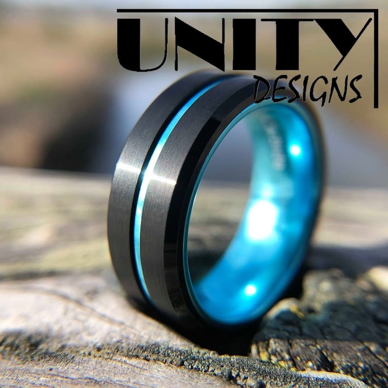 Free Personal Engraving UnityRingDesigns Men/'s Tungsten Ring Tungsten Ring Black Blue Thin Line Police Officers 8mm Wedding Band