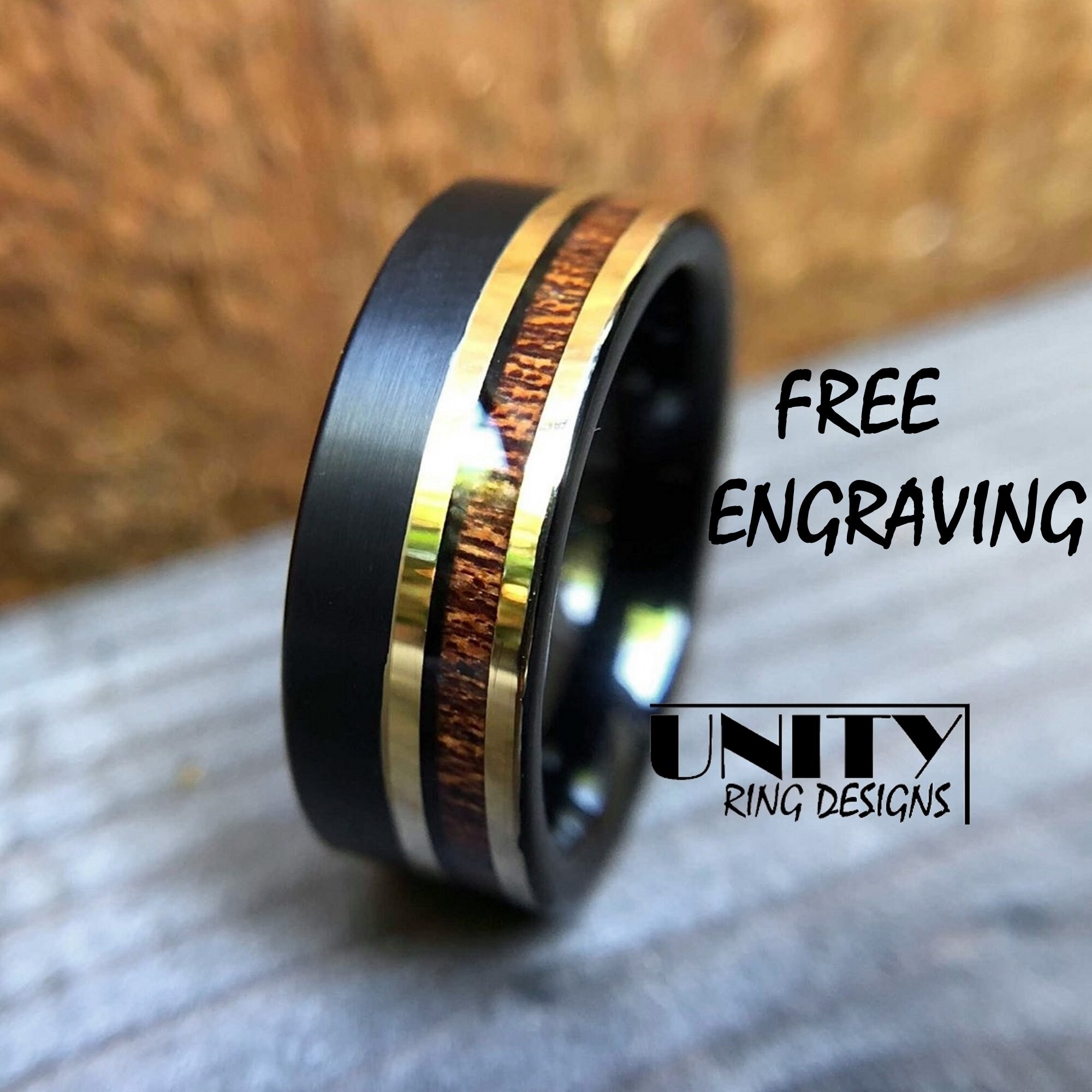 Koa Wood Tungsten Ring, Black Tungsten Ring, Gold Tungsten Ring, Men&…