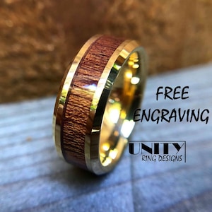 GOLD Tungsten Ring with KOA WOOD, Tungsten Ring, Mens Tungsten Ring, Koa wood Inlay, 8mm, Mens Tungsten Wedding Bands, Free Engraving
