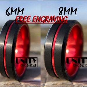 BLACK RED Tungsten Ring, Red Thin Line Firefighters, Wedding Band Comfort Fit, Engagement Ring, Mens Tungsten Wedding Bands, Free Engraving
