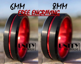 BLACK RED Tungsten Ring, Red Thin Line Firefighters, Wedding Band Comfort Fit, Engagement Ring, Mens Tungsten Wedding Bands, Free Engraving