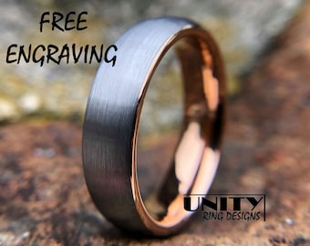 ROSE GOLD SILVER Tungsten Ring 6MM, Tungsten Ring, Brushed Silver, Mens Tungsten Wedding Band, Mens Ring Tungsten, Free Engraving