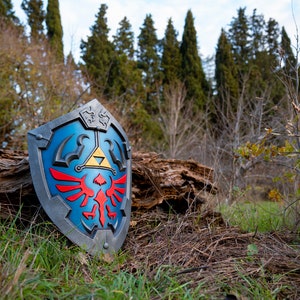 May include: A blue, red and yellow shield with a triangular design and a winged symbol. The shield is lying on the ground in a woodland setting.