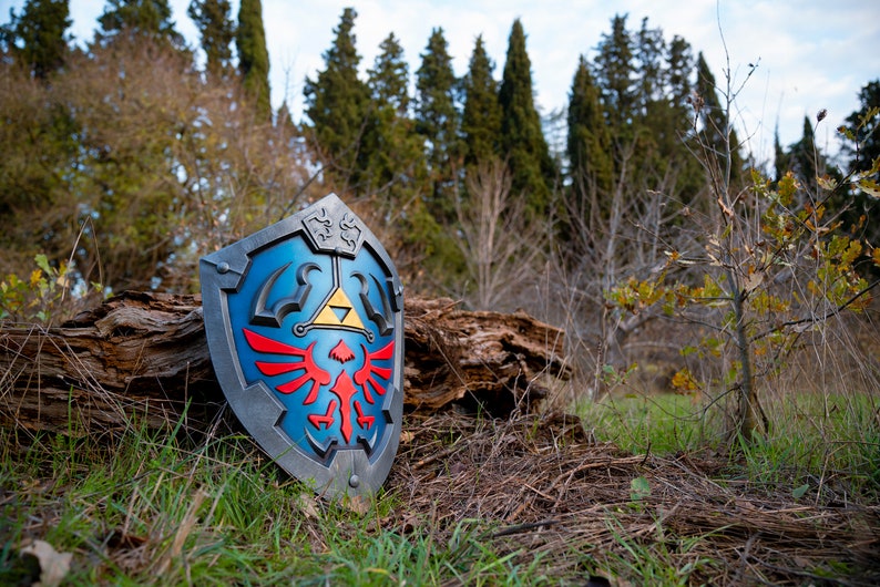 May include: A blue, red and yellow shield with a triangular design and a winged symbol. The shield is lying on the ground in a woodland setting.