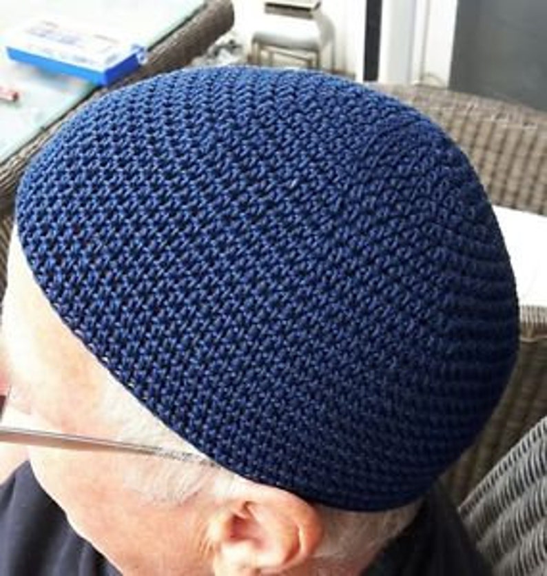 DJ Mütze, Beanie, Kippa 100% Baumwolle Gr. L blau /marineblau, Handarbeit gehäkelt Bild 2