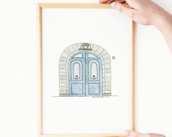 Blue door, Watercolour print, Parisian wall art, Paris art print, printable wall art, digital print, Parisian door, digital download