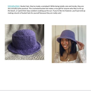 May include: A lilac crocheted bucket hat with a 21 inch circumference band and a 32 inch circumference brim. The hat is shown on a person wearing a white top.