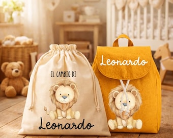 Conjunto para bebé: Mochila y bolso cambiador – Personalizable con el nombre y los animales que elijas – Hecho a mano