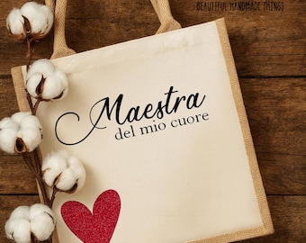 Personalized Teacher's Shopper in Jute and Cotton | Hand-Decorated in Italy | Eco-Friendly Boho End-of-Year Gift