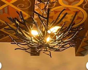 Forged Steel Bird Nest Light, Natural Organic Forest Chandelier, Rustic Lighting
