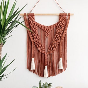 May include: A terracotta-coloured macrame wall hanging with a geometric pattern and white tassels. The hanging is attached to a wooden dowel and is displayed on a white wall.
