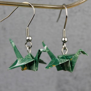 Origami earrings crane silver, leaf pattern, green
