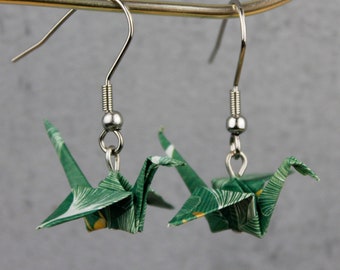 Origami-Ohrringe Kranich Silber, Blatt Muster, grün