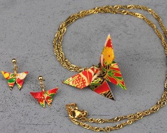 Set Origami-Kette und Ohrstecker Schmetterling, gold, verschiedene Farben und Muster