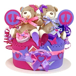 Diaper cake for twins | DIY diaper gift 1,221 with teddy bear music box | Special baby gift for baby shower