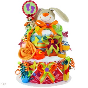 Diaper cake neutral | DIY diaper gift 1.123 in green-red-orange with rabbit comfort blanket | Special baby gift for baby shower