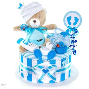 Diaper cake boy | DIY diaper gift 1.213 in blue with teddy bear music box | Special baby gift for baby shower