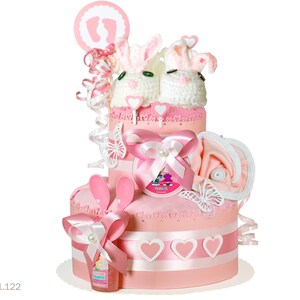 Diaper cake girl | DIY diaper gift 1.122 in pink with knitted shoes bunny | Special baby gift for baby shower