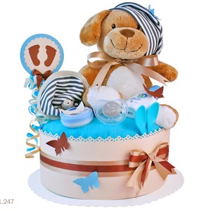 Diaper cake boy | DIY diaper gift 1.247 in beige-blue with cuddly toy dog | Special baby gift for baby shower