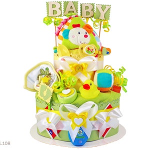 Neutral Diaper Cake 1.108 | DIY Diaper Gift in Green-Yellow with Baby Motifs | Special Baby Gift for Birth, Baptism, and Baby Shower