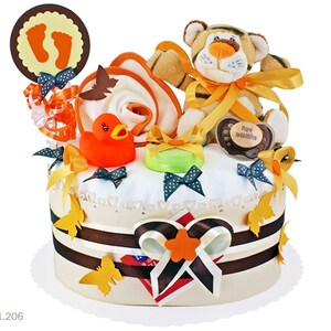 Windeltorte neutro / Fai da te Windelgeschenk 1.206 in braun-beige mit Kuscheltier Tigger / Schönes Baby-Geschenk zur Geburt Taufe Babyparty