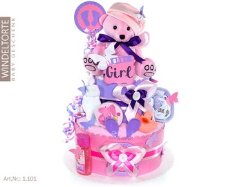 Diaper cake for girls 1.101 | DIY diaper gift in pink with teddy bear | Special baby gift for baby shower