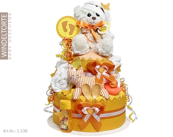 Neutrale luiertaart | Luiercadeauset 1.136 in oranje met knuffelbeer | Speciaal babycadeau voor geboorte, doop of babyshower