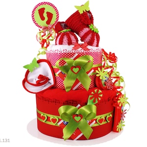 Diaper cake girl | DIY diaper gift 1.131 in red-green with knitted shoes | Special baby gift for baby shower
