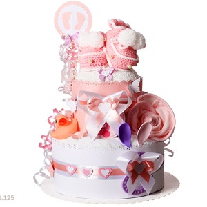 Diaper cake girl | DIY diaper gift 1.125 in pink with knitted shoes | Special baby gift for baby shower