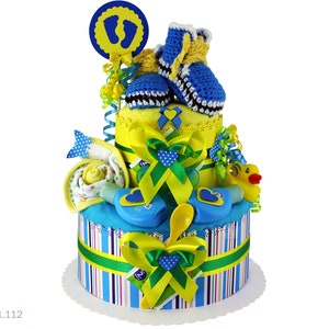 Diaper cake boy 1.112 | DIY diaper gift in blue-green-yellow with knitted shoes | Special baby gift for baby shower