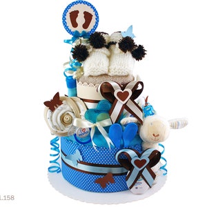Diaper cake boy | DIY diaper gift 1.158 in blue-brown with knitted shoes | Special baby gift for baby shower