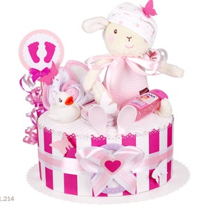 Torta di pannolini ragazza | Pannolino fai da te Regalo 1.214 in rosa-bianco con carnoliere di pecora peluche | Grande regalo per il bambino per il battesimo di nascita Baby Shower