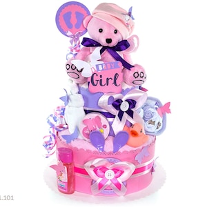 DIY diaper gift 1.101 | Pink diaper cake for girls with teddy bear | Special baby gift for baby shower