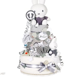 XXL diaper cake boy | DIY diaper gift 1.427 in gray-white with cuddly toy Miffy | Special baby gift for baby shower