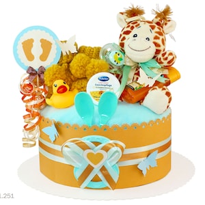 Torta di pannolini Boy | Pannolino fai da te regalo 1.251 in marrone-turchese con peluche giraffa giocattolo | Regalo speciale per il bambino per il battesimo di nascita Baby Shower