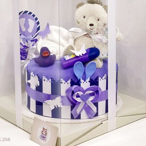 Diaper cake neutral | DIY diaper gift 1.256 in violet-white with cuddly toy music box Bear | Great baby gift for baby shower