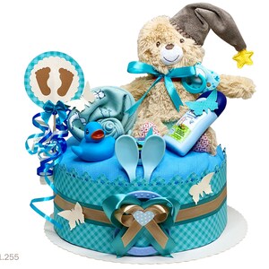 Torta di pannolini Boy | Pannolino fai da te Regalo 1.255 in blu-verde con peluche orso Carillon | Regalo speciale per il bambino per il battesimo di nascita Baby Shower