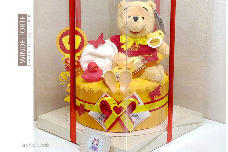 Diaper cake neutral | DIY diaper gift 1.228 with cuddly toy Winnie the Pooh, Disney | Great baby gift for baby shower 