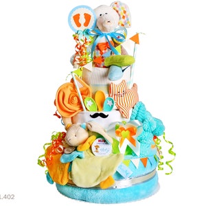 XXL diaper cake boy | DIY diaper gift 1.402 with cuddly toy elephant and more | Special baby gift for birth christening baby shower