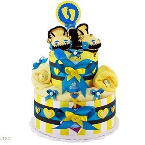 Diaper cake girl | DIY diaper gift 1.124 in yellow-turquoise with knitted shoes Auto | Special baby gift for baby shower