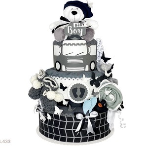 XXL diaper cake boy | DIY diaper gift 1.433 car in black and white with cuddly toy bear | Special baby gift for the new baby shower
