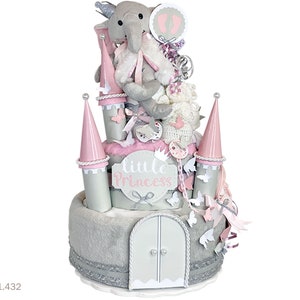 XXL diaper cake girl | DIY diaper gift 1.432 lock in gray with cuddly toy elephant | Great baby gift for birth christening baby shower