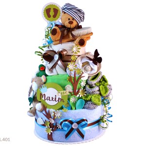 XXL diaper cake boy | DIY diaper gift 1.401 in blue-green-brown with cuddly toy bear | Special baby gift for baby shower