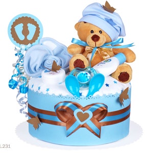 Diaper cake boy | DIY diaper gift 1.231 in blue-brown with teddy bear | Special baby gift for baby shower