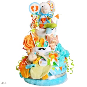 XXL diaper cake boy | DIY diaper gift 1.402 with cuddly toy elephant and more | Special baby gift for baby shower