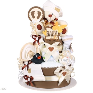 Diaper cake neutral | DIY diaper gift 1.102 with teddy bear | Beautiful baby gift for baby shower