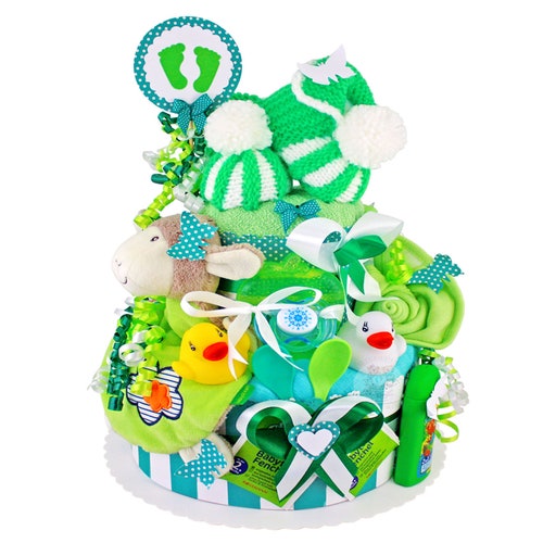 Diaper cake neutral | DIY diaper gift shops 1.148 in green with hand-knitted little shoes | Special baby gift for baby shower