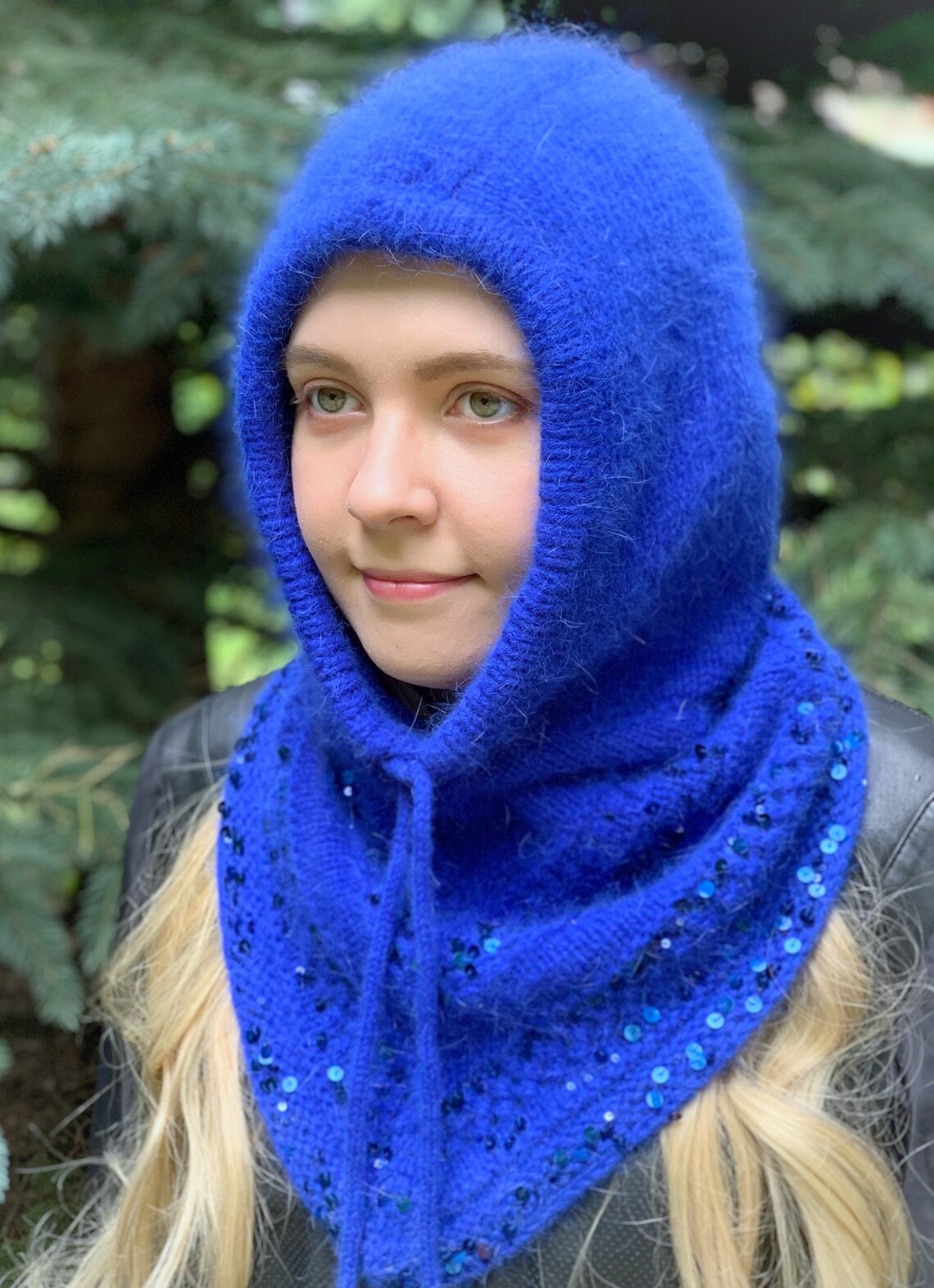Fluffy balaclava hat Knitted helmet for women Rich Blue Etsy