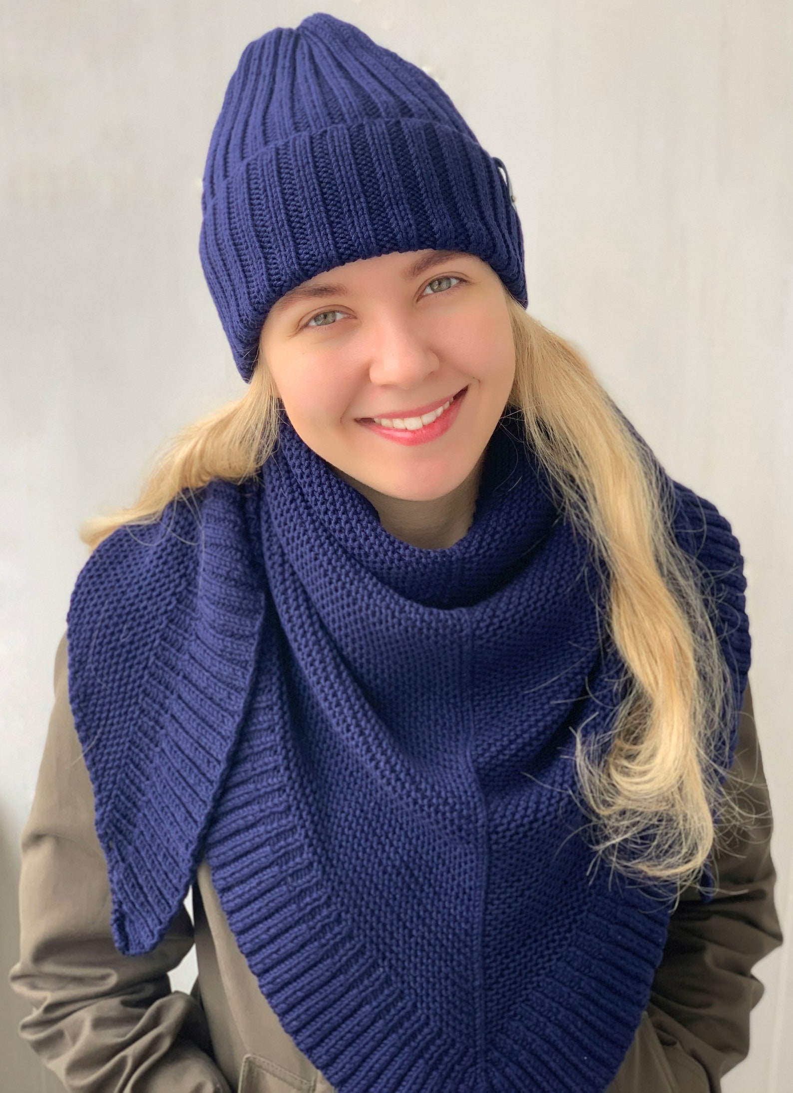Navy blue winter hat scarf set. Slouchy beanie and triangle Etsy