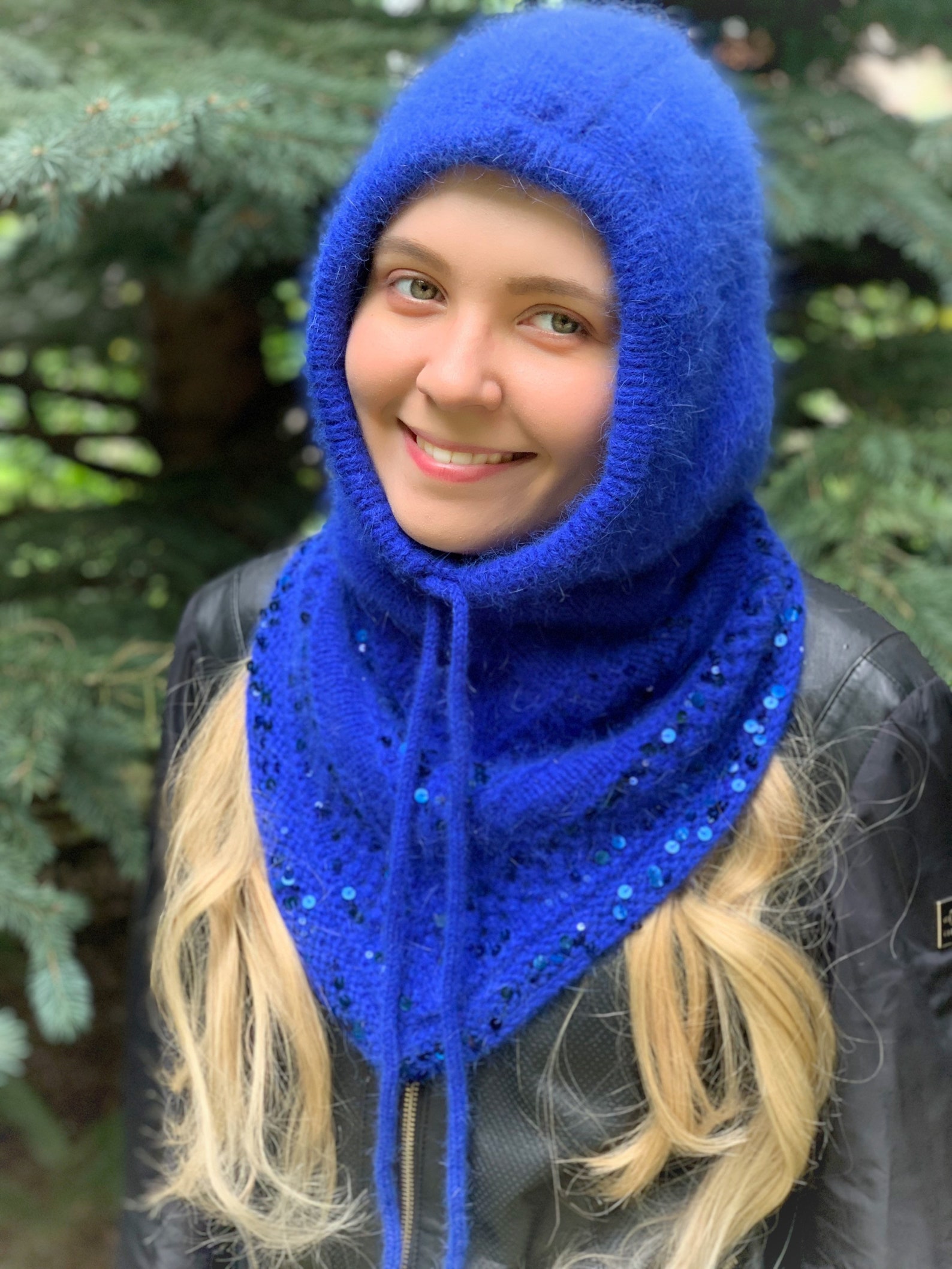 Fluffy balaclava hat Knitted helmet for women Rich Blue Etsy